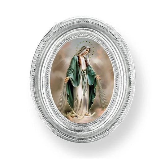 Our Lady of Grace Picture, Silver Finish 3-3/4"x4-1/2 Oval Frame, Exclusive Gold Stamped Print Under Glass # 28443