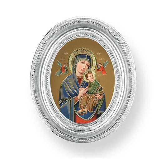 Our Lady of Perpetual Help Picture, Silver Finish 3-3/4"x4-1/2 Oval Frame, Exclusive Gold Stamped Print Under Glass # 28444
