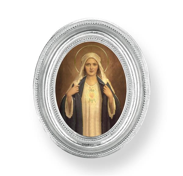 Chambers: Immaculate Heart of Mary Picture, Silver Finish 3-3/4"x4-1/2 Oval Frame, Exclusive Gold Stamped Print Under Glass # 28445