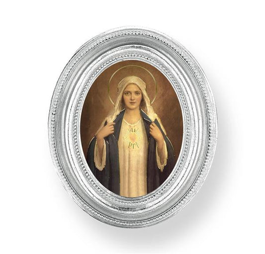 Chambers: Immaculate Heart of Mary Picture, Silver Finish 3-3/4"x4-1/2 Oval Frame, Exclusive Gold Stamped Print Under Glass # 28445