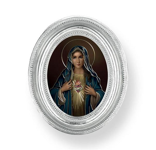 Simeone Immaculate Heart of Mary Picture, Silver Finish 3-3/4"x4-1/2 Oval Frame, Exclusive Gold Stamped Print Under Glass # 28447