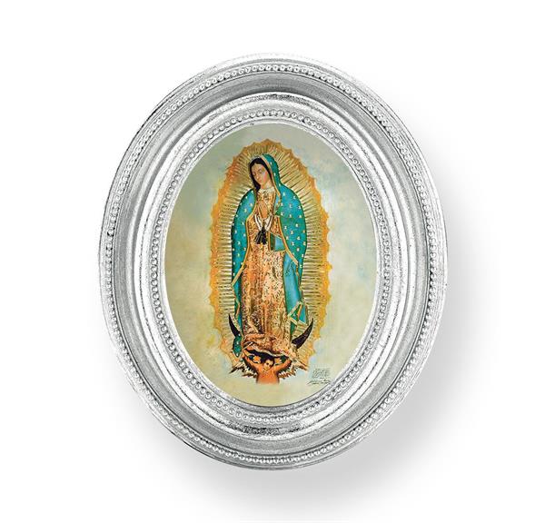 Our Lady of Guadalupe Picture, Silver Finish 3-3/4"x4-1/2 Oval Frame, Exclusive Gold Stamped Print Under Glass # 28448