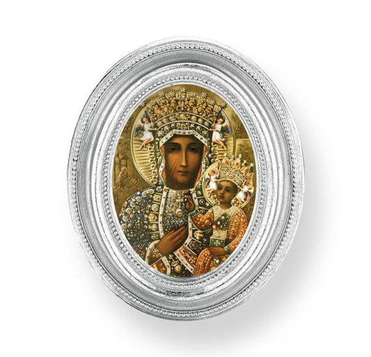 Our Lady of Czestochowa Picture, Silver Finish 3-3/4"x4-1/2 Oval Frame, Exclusive Gold Stamped Print Under Glass # 28450