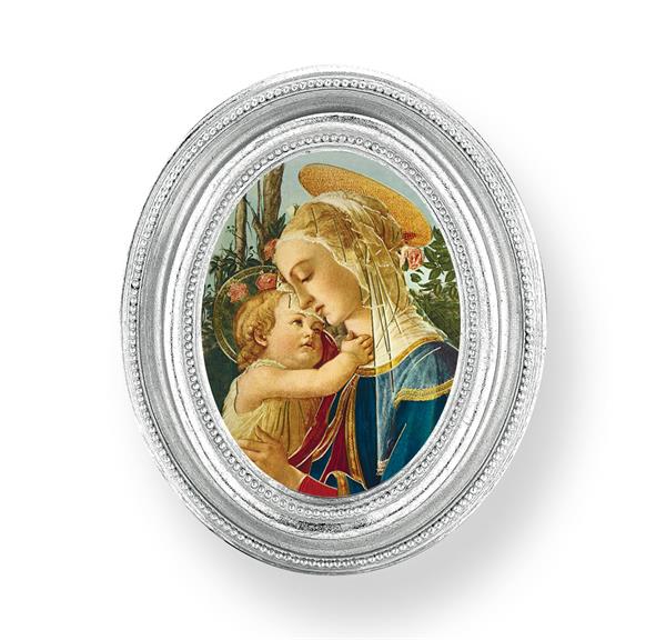 Madonna & Child Picture, Silver Finish 3-3/4"x4-1/2 Oval Frame, Exclusive Gold Stamped Print Under Glass # 28452