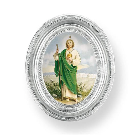 St. Jude Picture, Silver Finish 3-3/4"x4-1/2 Oval Frame, Exclusive Gold Stamped Print Under Glass # 28458