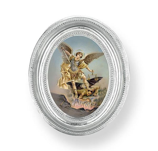 St. Michael Picture, Silver Finish 3-3/4"x4-1/2 Oval Frame, Exclusive Gold Stamped Print Under Glass # 28459