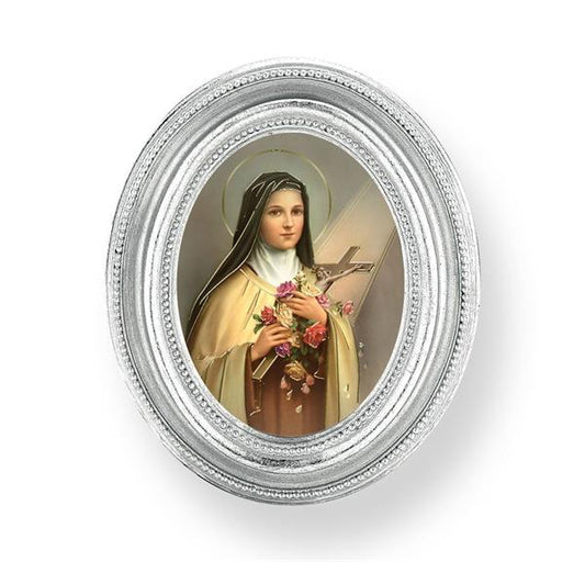 St. Therese of Lisieux Picture, Silver Finish 3-3/4"x4-1/2 Oval Frame, Exclusive Gold Stamped Print Under Glass # 28460