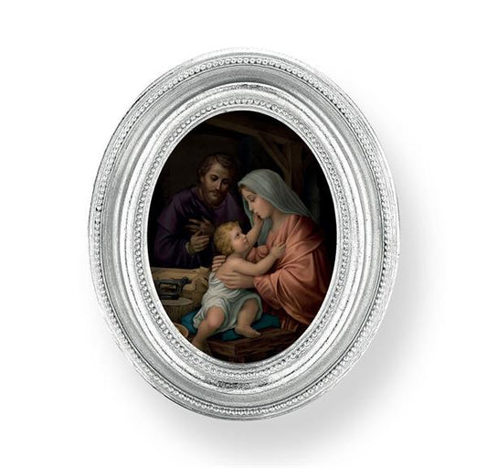 Simeone: Holy Family Picture, Silver Finish 3-3/4"x4-1/2 Oval Frame, Exclusive Gold Stamped Print Under Glass # 28463