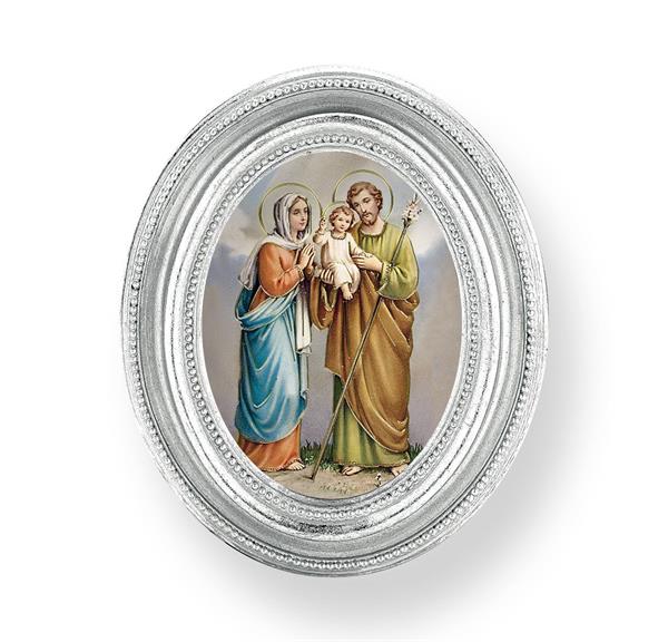 Holy Family Picture, Silver Finish 3-3/4"x4-1/2 Oval Frame, Exclusive Gold Stamped Print Under Glass # 28464