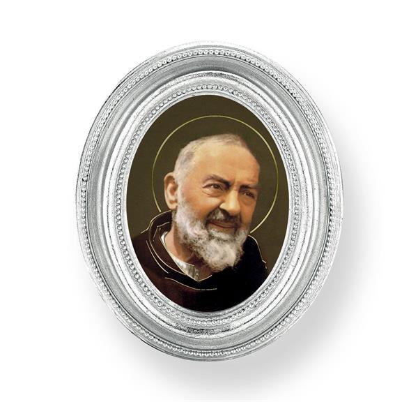 St. Padre Pio Picture, Silver Finish 3-3/4"x4-1/2 Oval Frame, Exclusive Gold Stamped Print Under Glass # 28466