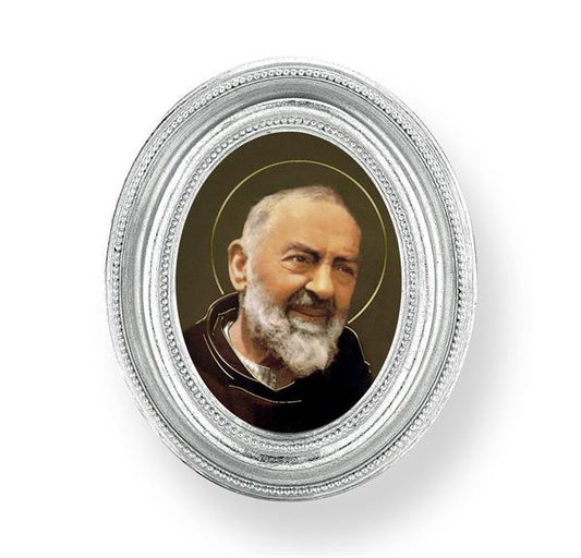 St. Padre Pio Picture, Silver Finish 3-3/4"x4-1/2 Oval Frame, Exclusive Gold Stamped Print Under Glass # 28466
