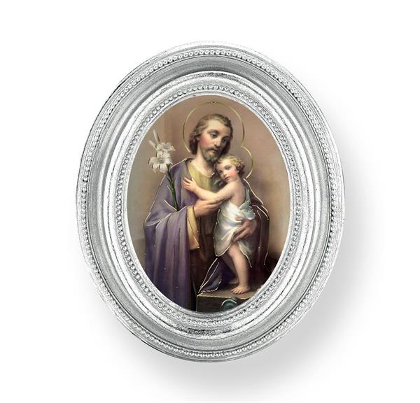 St. Joseph & Child Picture, Silver Finish 3-3/4"x4-1/2 Oval Frame, Exclusive Gold Stamped Print Under Glass # 28468