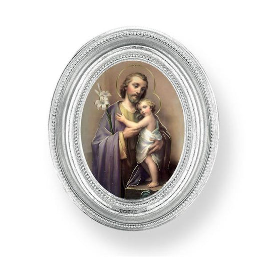 St. Joseph & Child Picture, Silver Finish 3-3/4"x4-1/2 Oval Frame, Exclusive Gold Stamped Print Under Glass # 28468