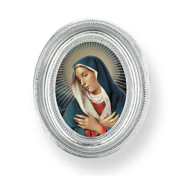 Our Lady of Divine Mercy Picture, Silver Finish 3-3/4"x4-1/2 Oval Frame, Exclusive Gold Stamped Print Under Glass # 28470