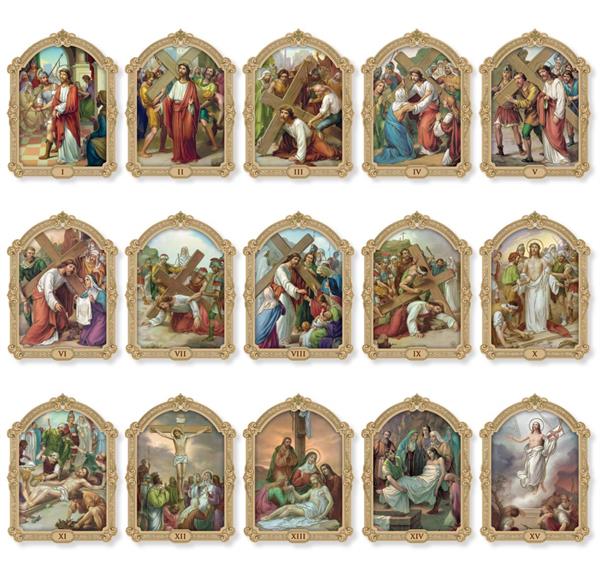 Stations of The Cross Set of 16, 2-3/4"x3-3/4, Gold Stamped Italian Images # 28481