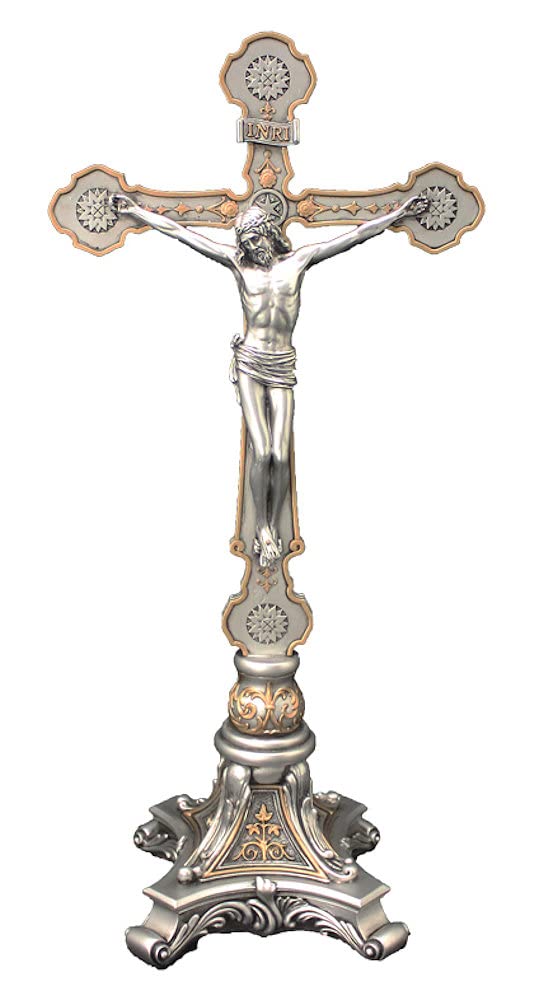 13" Standing Very Ornate Crucifix, Pewter Finish Resin, # 65060