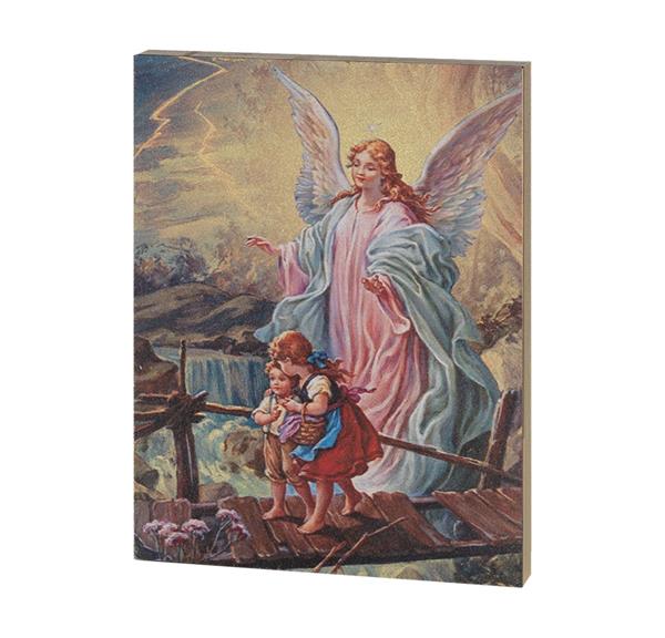 Guardian Angel with Children On Bridge Italian Color Artwork On 1" Thick Textured Woodboard, 7-1/2"x10" # 28508