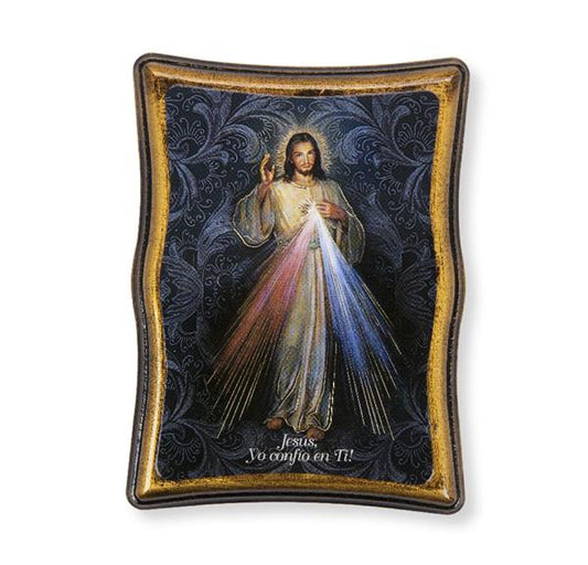 Spanish Divine Mercy in 5-1/4" Scalloped Rectangle Gold Embossed Wood Frame # 28516