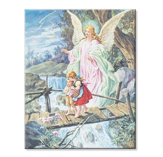 Guardian Angel with Children on Bridge Print on Stretched Canvas, Mounted on 8"x10" Frame, Made in Italy # 28548