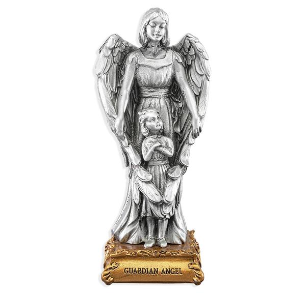 Guardian Angel with Girl Fine Pewter Patron Saint Statue On Gold Tone Base, Made in The USA, 4-1/2" # 28597