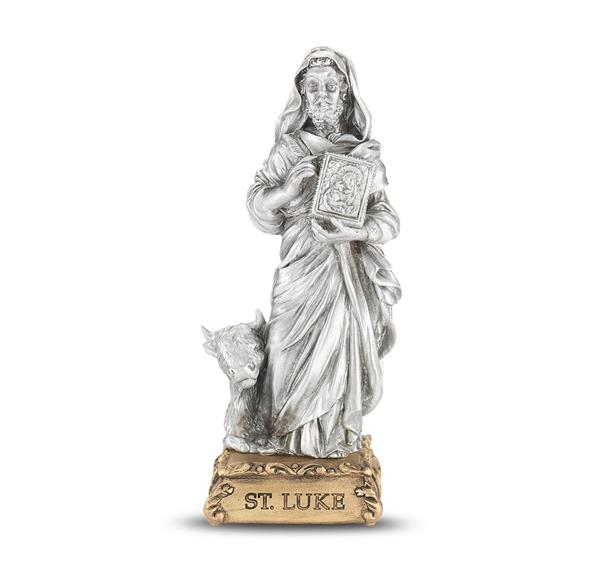 St. Luke Fine Pewter Patron Saint Statue On Gold Tone Base, Made in The USA, 4-1/2" # 28614