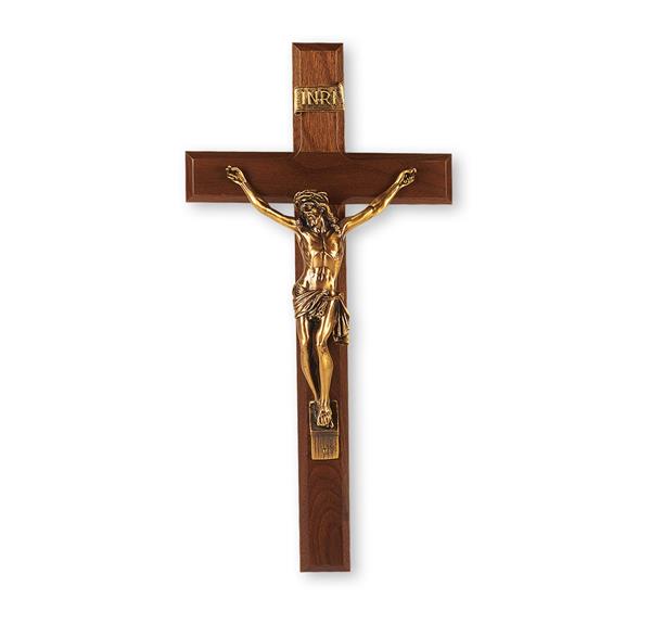 13" Walnut Crucifix with Gold Finished Pewter Figure # 28668