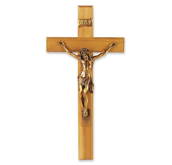 13" Oak Crucifix with Gold Finished Pewter Figure # 28669