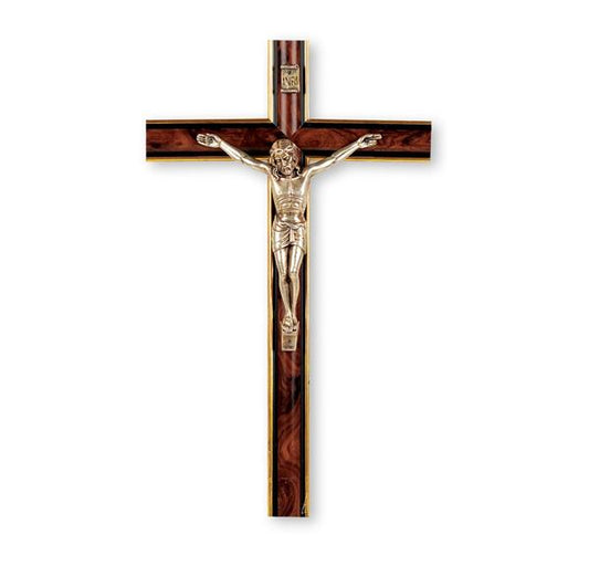 10" Rounded Burl Wood Cross with 4.5" Antique Silver Figure # 28722