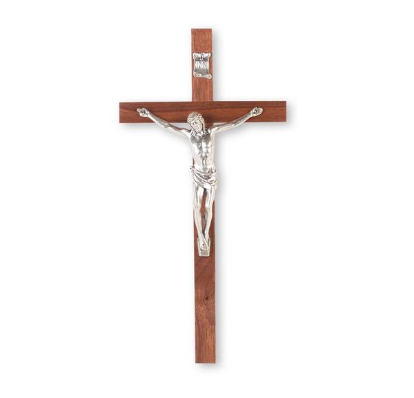 10" Walnut Wood Cross with Silver Corpus # 28744