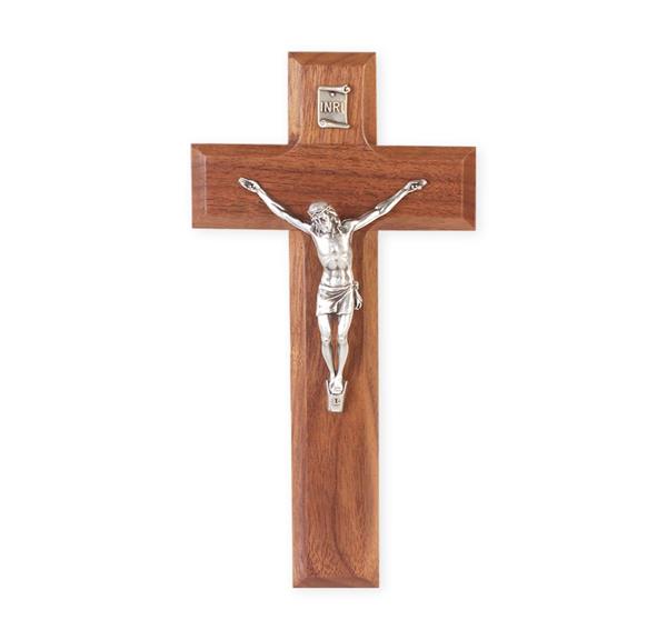 8" Walnut Crucifix with Silver Corpus # 28748