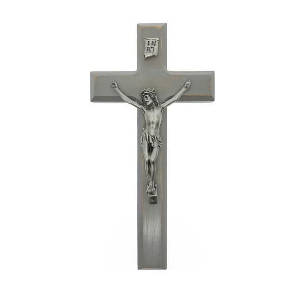 10" Grey Distressed Distressed Wood Cross w/Pewter Corpus # 28793