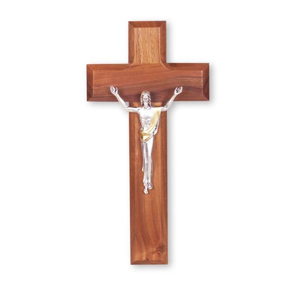8" Cherry Wood Cross with Antique Silver Risen Christ # 28818