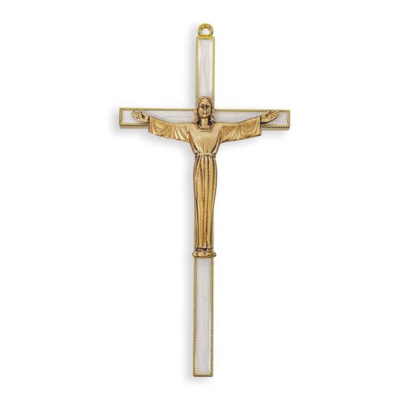 7" White Inlayed Gold Cross with a Gold Plated Rosen Christ Corpus # 28822