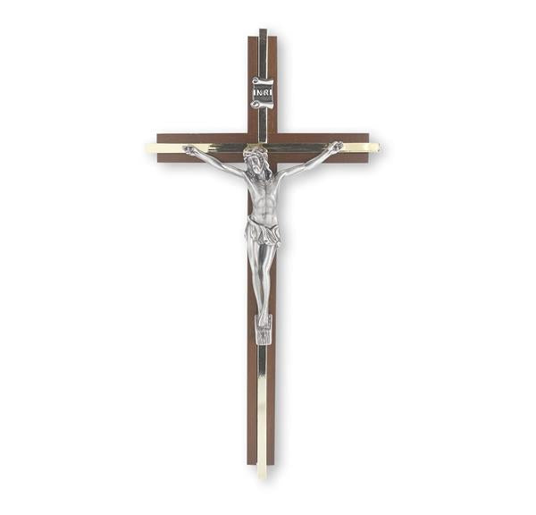 10" Walnut Crucifix with Gold Inlay and Antique Silver Plated Corpus # 28831