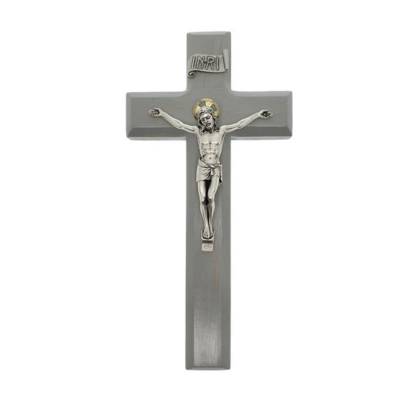 9" Grey Wood Cross with Silver Figure # 28853