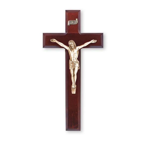 10" Dark Cherry Wood Cross with Museum Gold Plated Antiqued Corpus # 28883