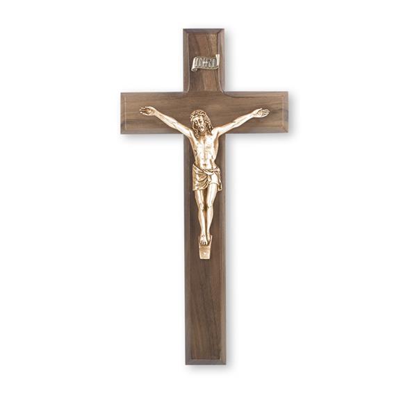 10" Walnut Wood Cross with Museum Gold Plated Antiqued Corpus # 28885