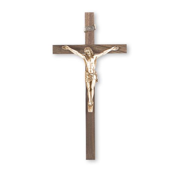 10" Walnut Wood Cross with Museum Gold Plated Antiqued Corpus # 28886