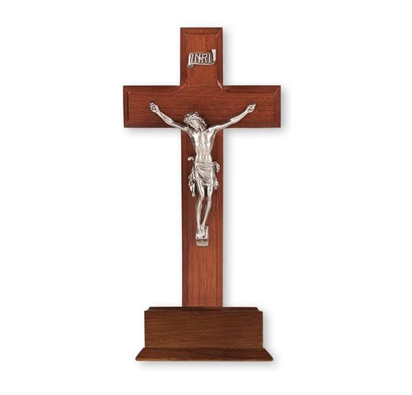 10" Dark Cherry Wood Standing Crucifix with a Pewter Corpus # 28931