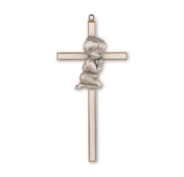 7" White Metal and Gold Cross with Genuine Pewter Praying Boy # 28942