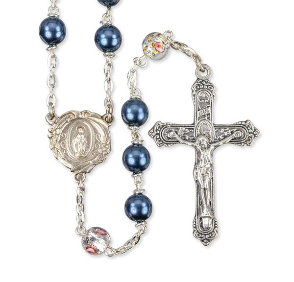 Blue Pearl Rosary with White # 28977