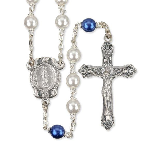 White-Blue 7Mm Pearl Rosary # 28982