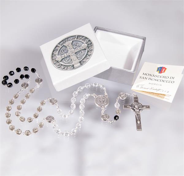 5mm x 6mm Crystal Glass Bead Saint Benedict Tri Color Rosary Boxed # 28996