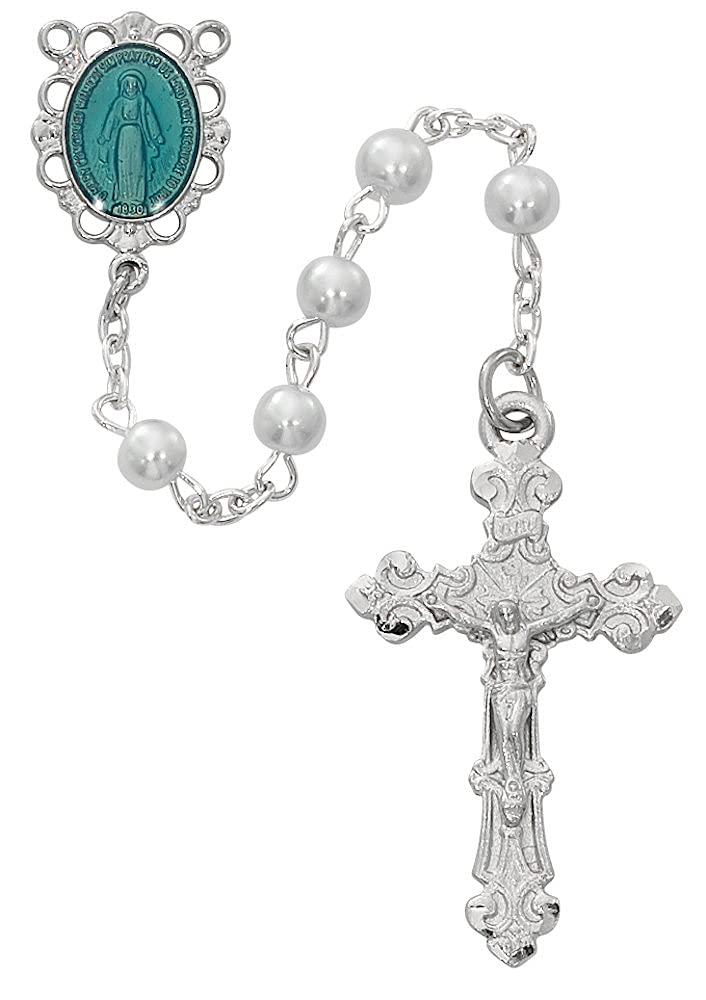 Miraculous Medal Rosary, 6mm Pearl Glass Beads, Rhodium Plated Pewter Enameled Center and 1-1/2" Crucifix # 21203