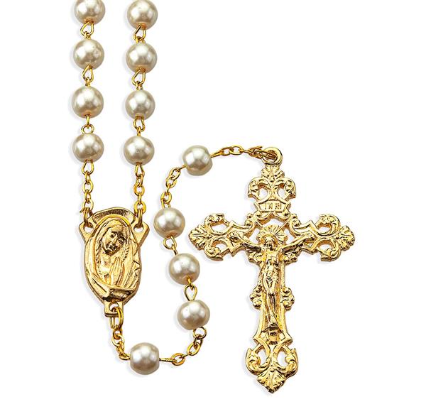 8mm Faux Pearl Rosary with a Gold Crucifix # 29002