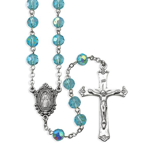 7mm Aqua Crystal Bead Rosary Boxed # 29006