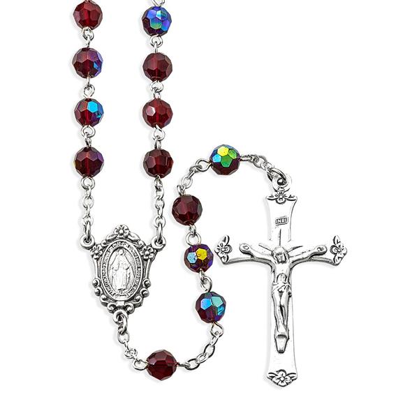 7mm Garnet Crystal Rosary with a Deluxe Center and Crucifix # 29008