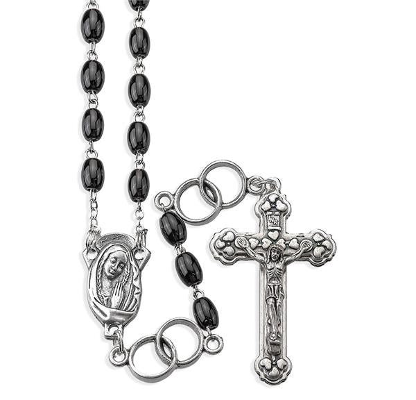 5 x 7mm Black Glass Oval Bead Silver Wedding Ring Rosary in a Grey Velvet Box # 29020