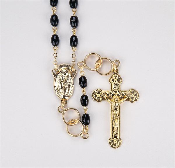 5 x 7mm Black Glass Oval Bead Gold Wedding Ring Rosary in a Grey Velvet Box # 29021