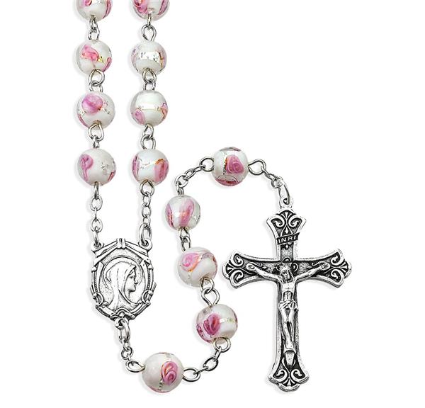 8mm Pink Venetian Glass Encased Rose Bead Rosary # 29022